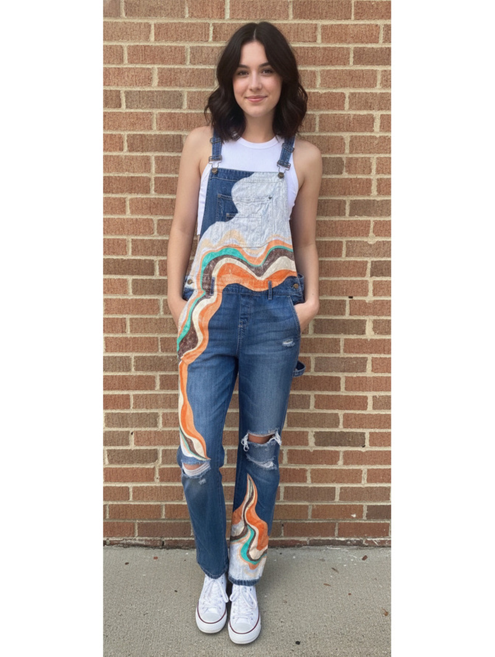American Rag Cie Women's Distressed Denim Overalls with Colorful Paint Design, 7